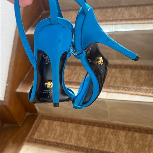Versace Bright Turquoise Satin Slingback Heels with Gold Medusa